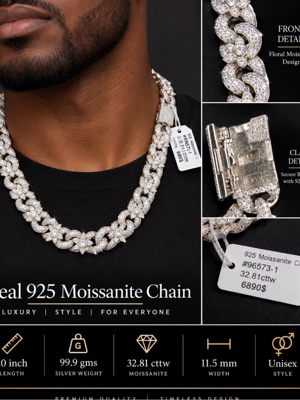 Sterling 925 Moissanite Cuban Link Chain Necklace - Silver